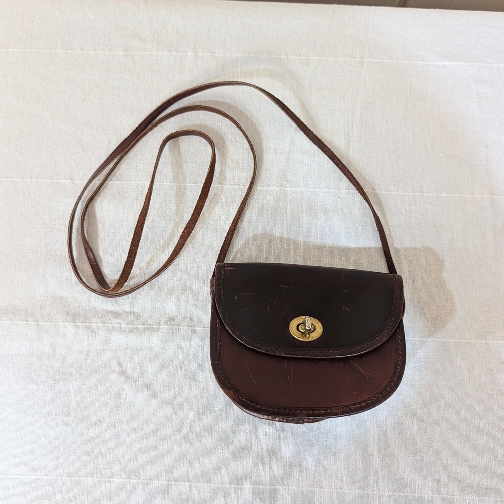 Vintage Brown Leather Saddle Bag Crossbody Purse Turnlock Minimalist Boho Small